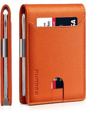 〽️Man Orange Leather Money Clip RFID Blocking Pocket Bifold Credit Card Wallet